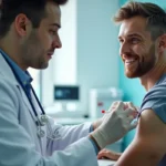 Doctor with syringe vaccinating male patient for clinical trials
