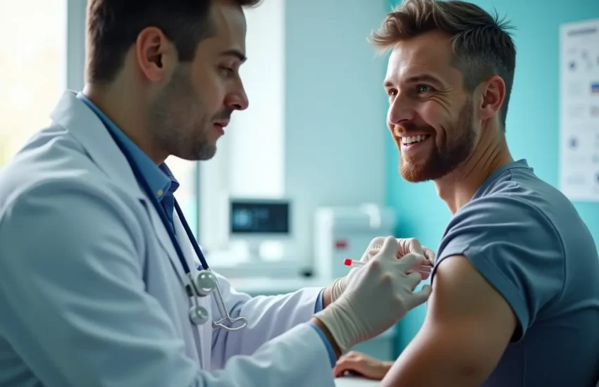Doctor with syringe vaccinating male patient for clinical trials