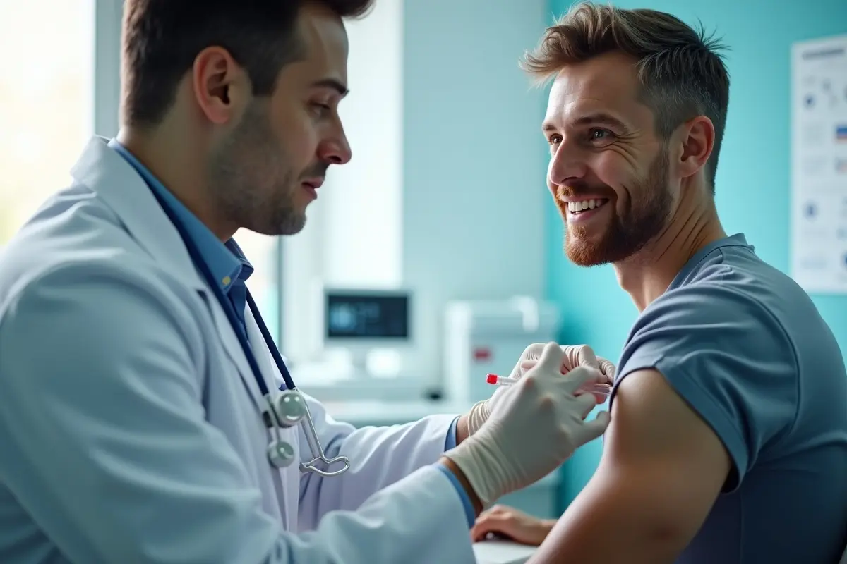 Doctor with syringe vaccinating male patient for clinical trials