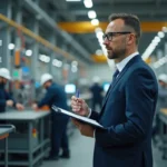 factory manager analyzing shop floor production efficiency